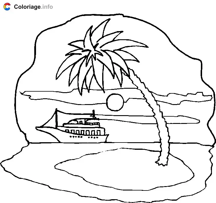 Coloriage Un navire au large d'une île déserte - Île déserte à imprimer