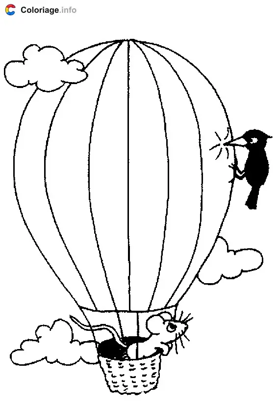 Coloriage Un oiseau perce la montgolfière - Montgolfière à imprimer
