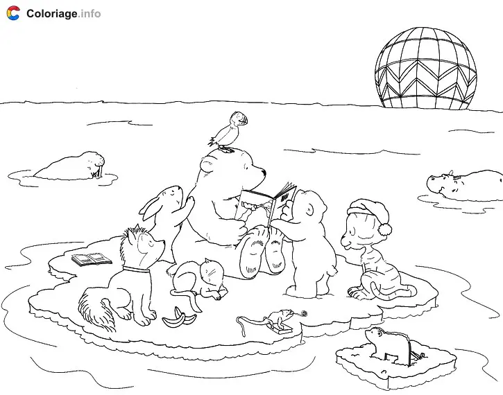 Coloriage Un ours polaire avec ses amis sur un iceberg - Ours à imprimer