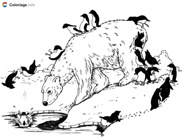 Coloriage Un ours polaire qui joue avec des pingouins - Ours à imprimer