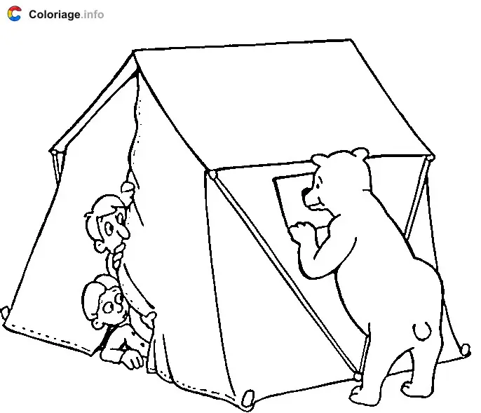 Coloriage Un ours regarde dans une tente - Camping à imprimer