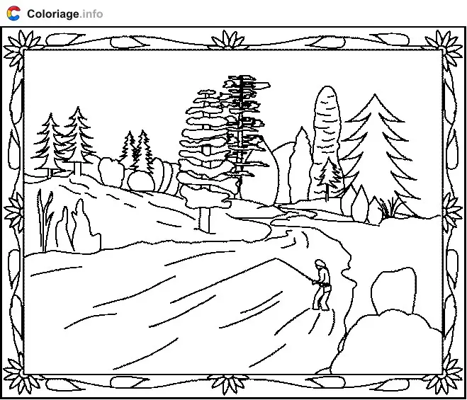 Coloriage Un pêcheur dans une rivière - Pêche à imprimer