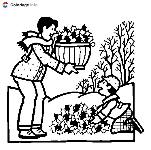 Coloriage Un père et son fils ramassent des feuilles - Jardin à imprimer
