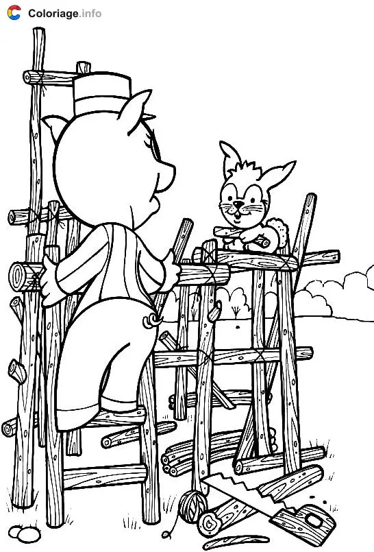 Coloriage Un petit cochon construit sa maison en bois - Les 3 Petits Cochons à imprimer
