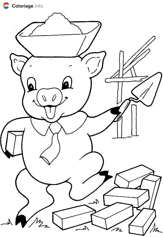 Coloriage Un petit cochon construit sa maison en briques - Les 3 Petits Cochons à imprimer