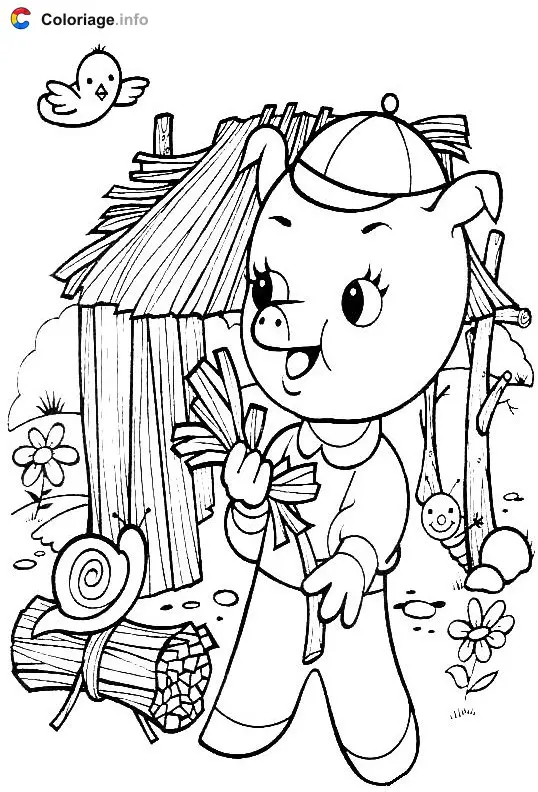Coloriage Un petit cochon construit sa maison en paille - Les 3 Petits Cochons à imprimer