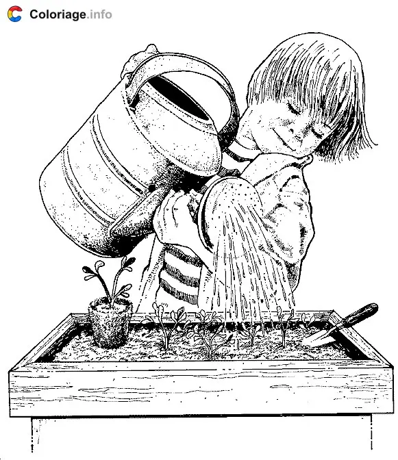 Coloriage Un petit garçon arrose des plantes avec un arrosoir - Jardin à imprimer