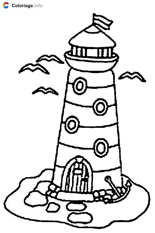 Coloriage Un phare avec des mouettes et une ancre - Phares à imprimer