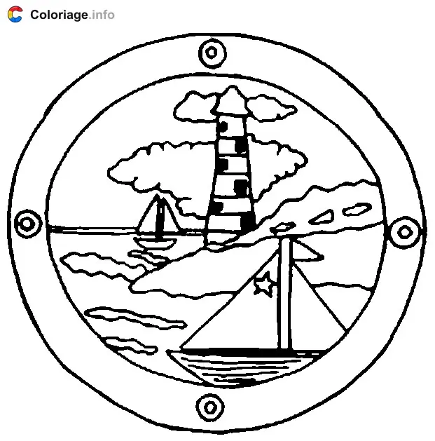 Coloriage Un phare et deux bateaux à travers un hublot - Phares à imprimer