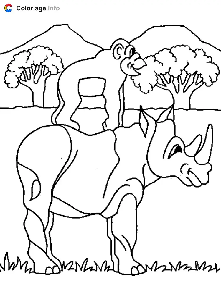 Coloriage Un singe sur un rhinocéros - Rhinocéros à imprimer