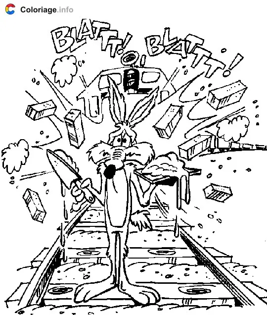 Coloriage Un train détruit le mur de Coyote - Bip Bip et Coyote à imprimer