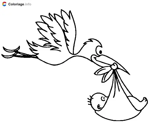 Coloriage Une cigogne qui transporte un bébé par son bec - Cigogne à imprimer