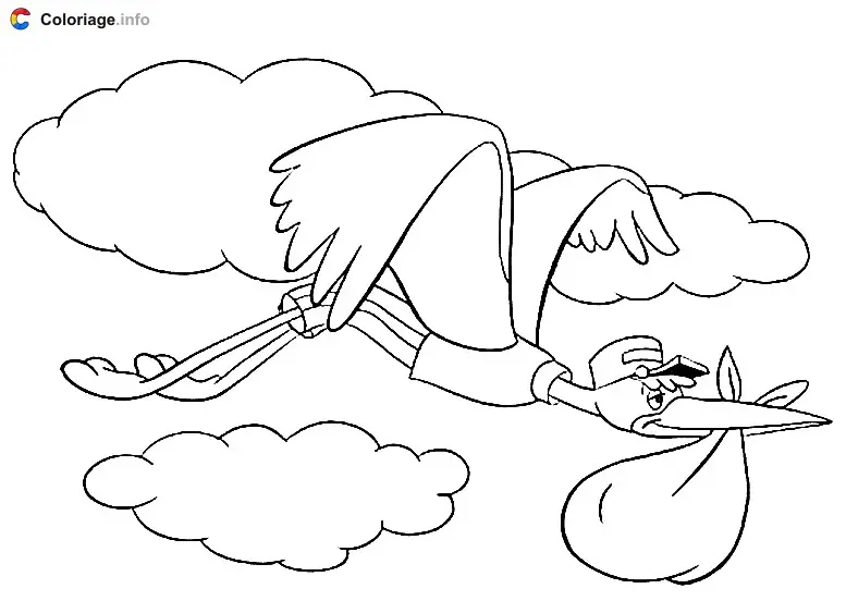 Coloriage Une cigogne qui vole dans le ciel avec un bébé - Cigogne à imprimer