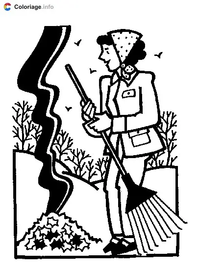 Coloriage Une femme brûle des feuilles mortes - Jardin à imprimer