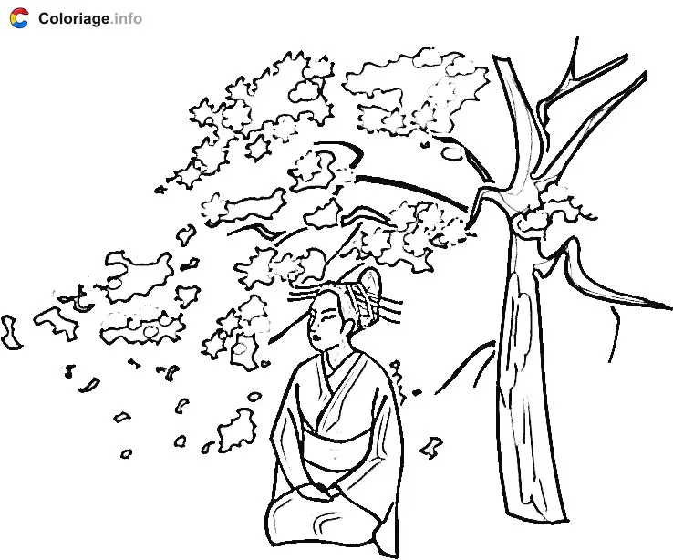 Coloriage Une femme japonaise sous un sakura, un cerisier - Japon à imprimer
