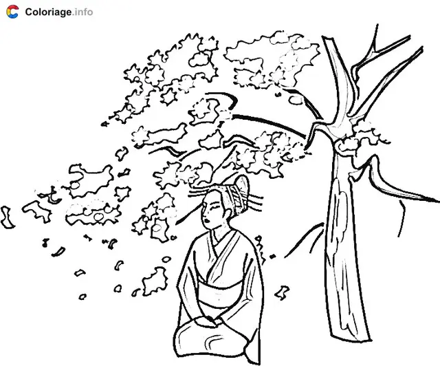 Coloriage Une femme japonaise sous un sakura, un cerisier - Japon à imprimer