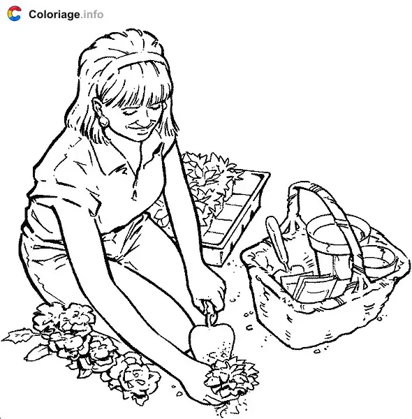 Coloriage Une femme plante des fleurs - Jardin à imprimer