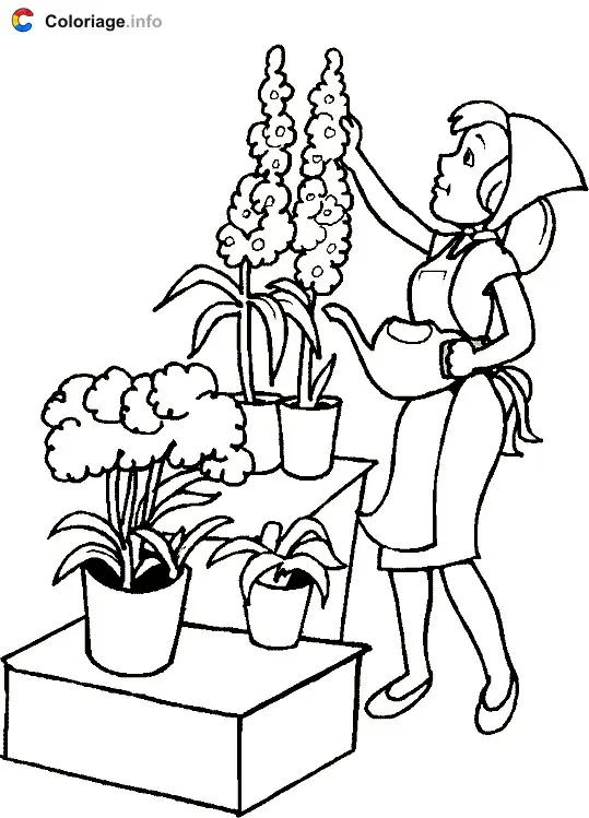Coloriage Une fleuriste qui s'occupe de ses fleurs - Jardin à imprimer
