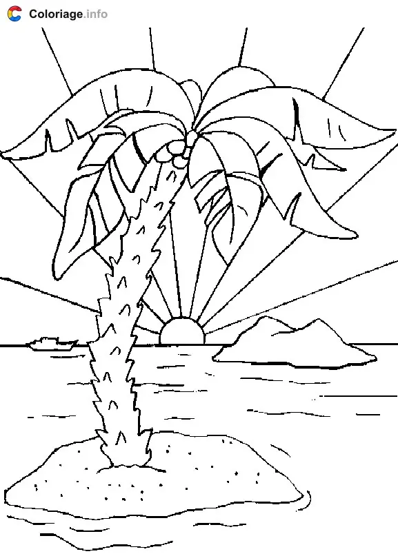 Coloriage Une île déserte avec un coucher de soleil dans la mer - Île déserte à imprimer