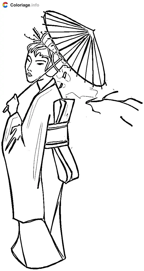 Coloriage Une Japonaise avec une ombrelle - Japon à imprimer