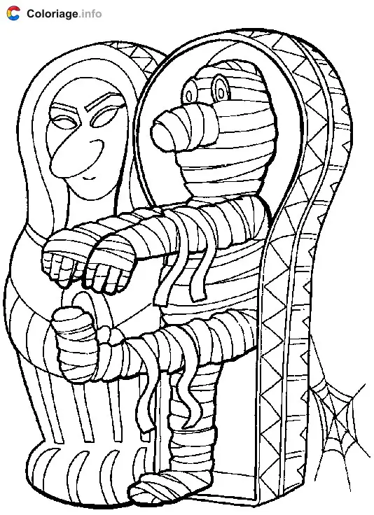 Coloriage Une momie dans son sarcophage ouvert - Momie à imprimer