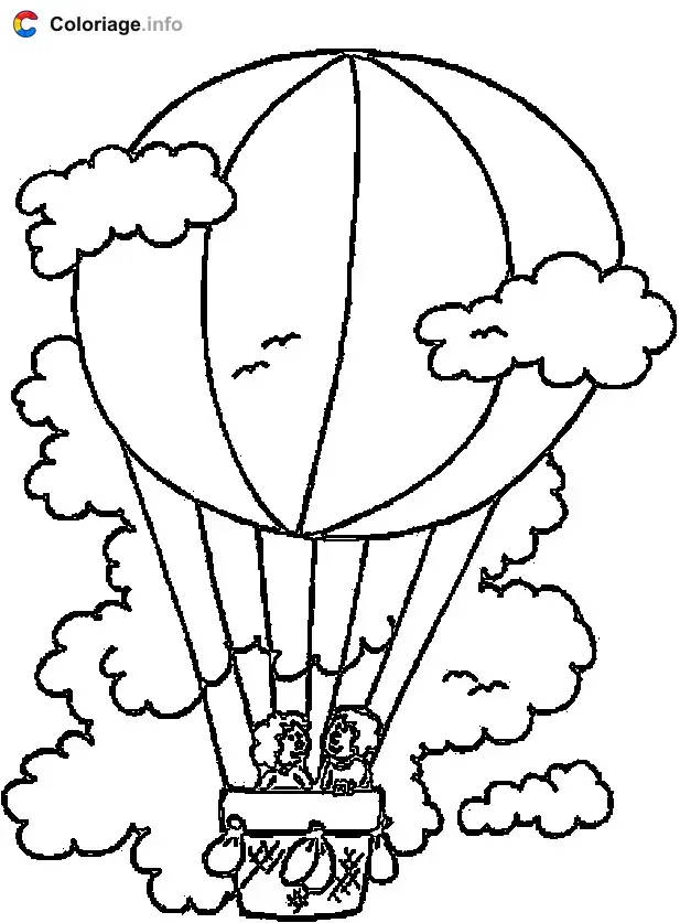 Coloriage Une montgolfière dans un ciel nuageux - Montgolfière à imprimer
