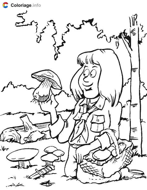 Coloriage Une scout cueille des champignons - Scout à imprimer