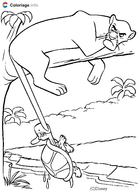 Coloriage Une tortue mord la queue de Bagheera - Le Livre de la jungle à imprimer