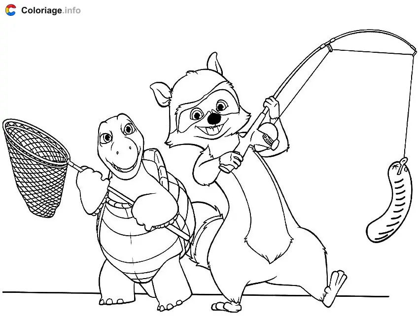 Coloriage Verne et Riton à la pêche - Nos voisins, les hommes à imprimer