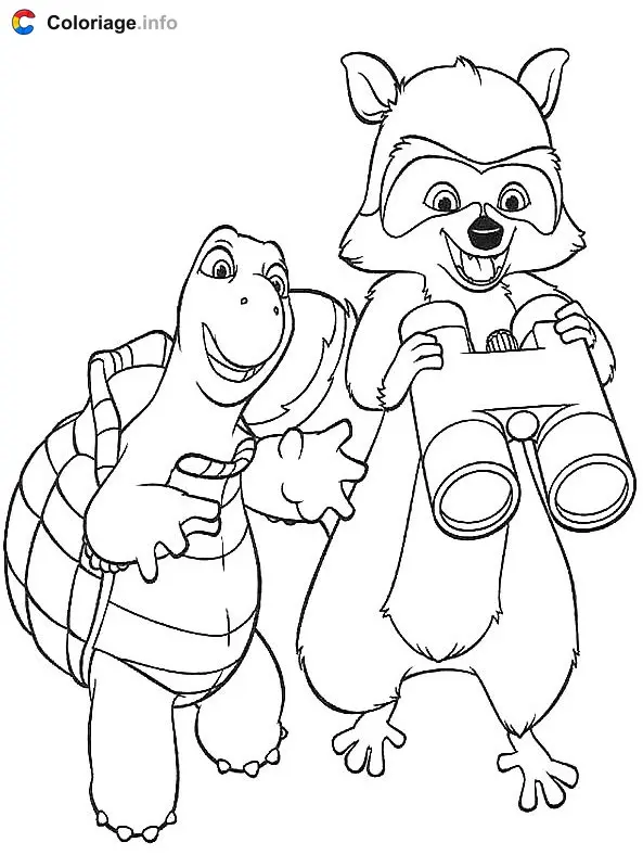 Coloriage Verne et Riton le raton laveur avec des jumelles - Nos voisins, les hommes à imprimer