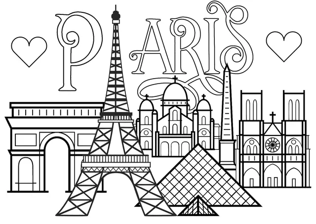 Coloriage Ville De Paris Monuments Tour Eiffel Arc De Triomphe Cathedrale Notre Dame De Paris - Paris à imprimer