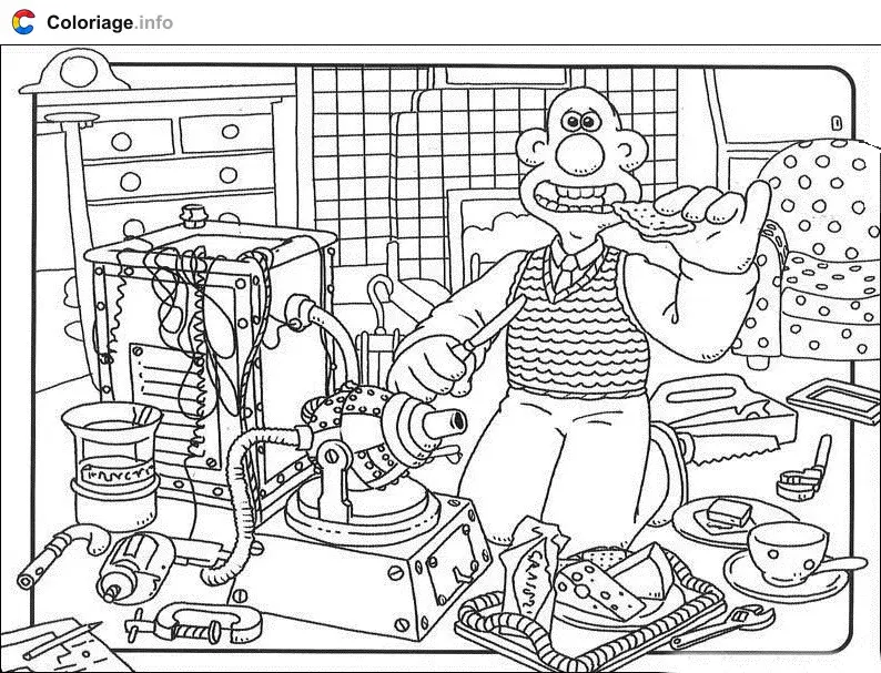 Coloriage Wallace dans la cuisine - Wallace et Gromit à imprimer