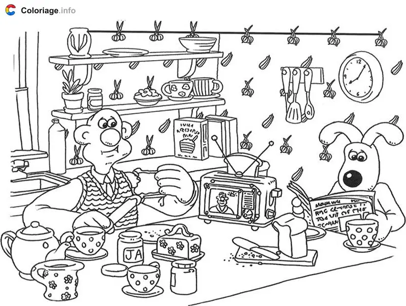 Coloriage Wallace et Gromit au petit déjeuner dans la cuisine - Wallace et Gromit à imprimer