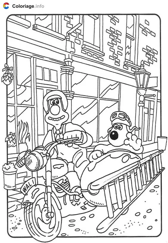 Coloriage Wallace et Gromit dans un side-car avec une échelle - Wallace et Gromit à imprimer
