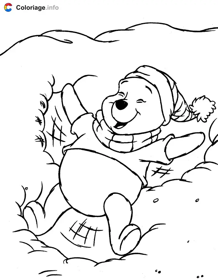 Winnie Drawing an Angel in the Snow coloring page to print