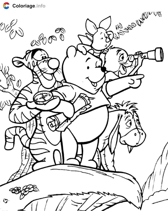Winnie and Friends on a Treasure Hunt coloring page to print