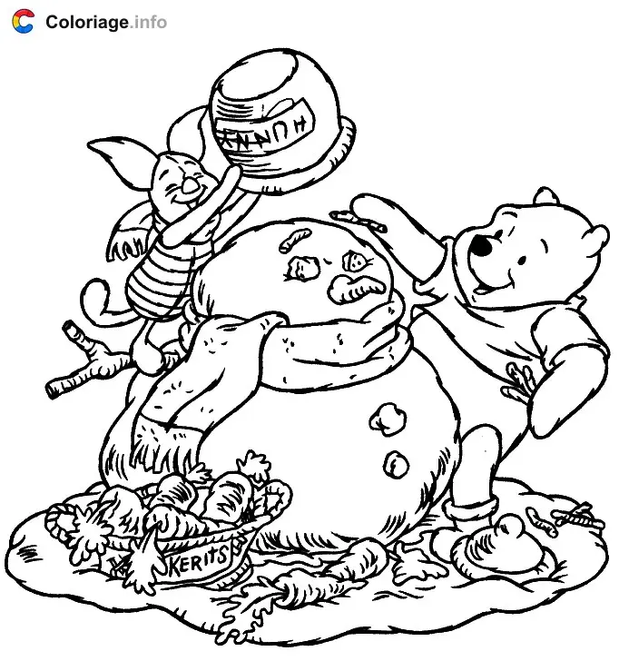 Winnie the Pooh and Piglet Build a Snowman coloring page to print