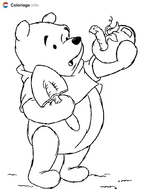 Winnie the Pooh in the Garden with a Worm coloring page to print