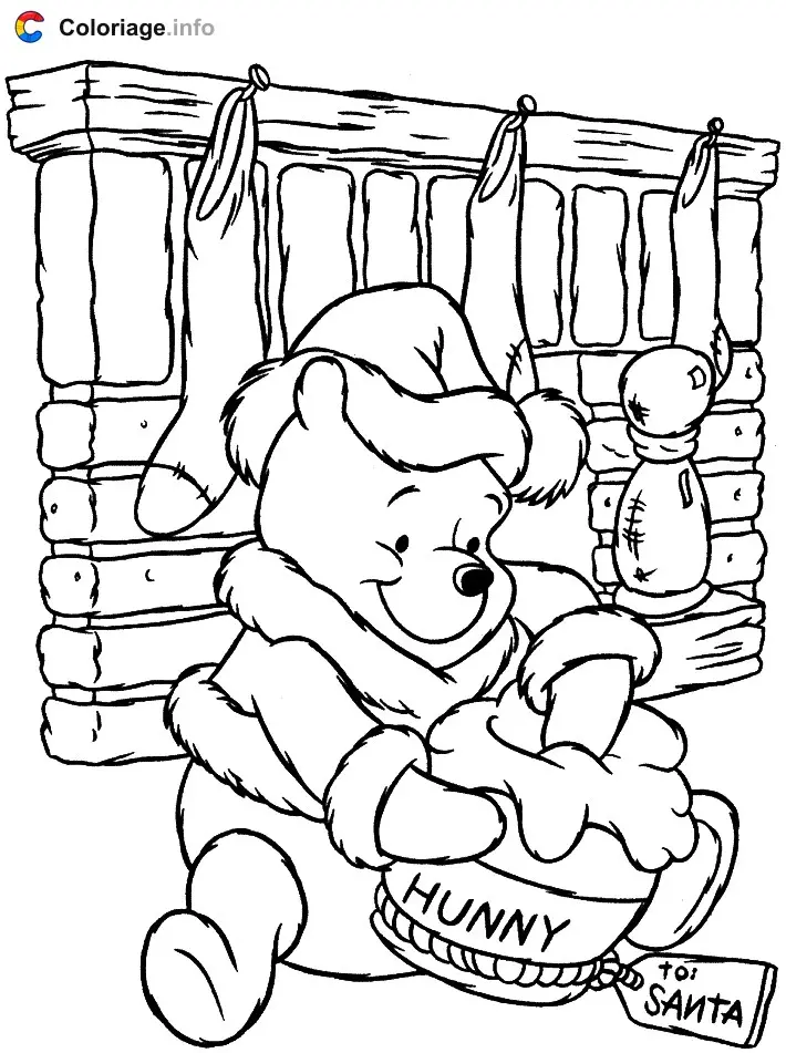 Winnie the Pooh Enjoys His Christmas Honey Gift coloring page to print