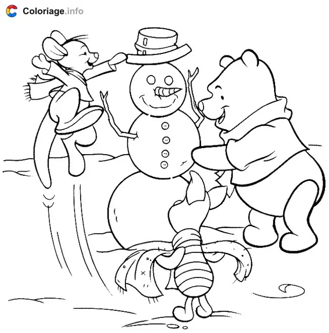 Coloriage Winnie, Porcinet et petit Gourou élaborent bonhomme de neige - Bonhomme de neige à imprimer