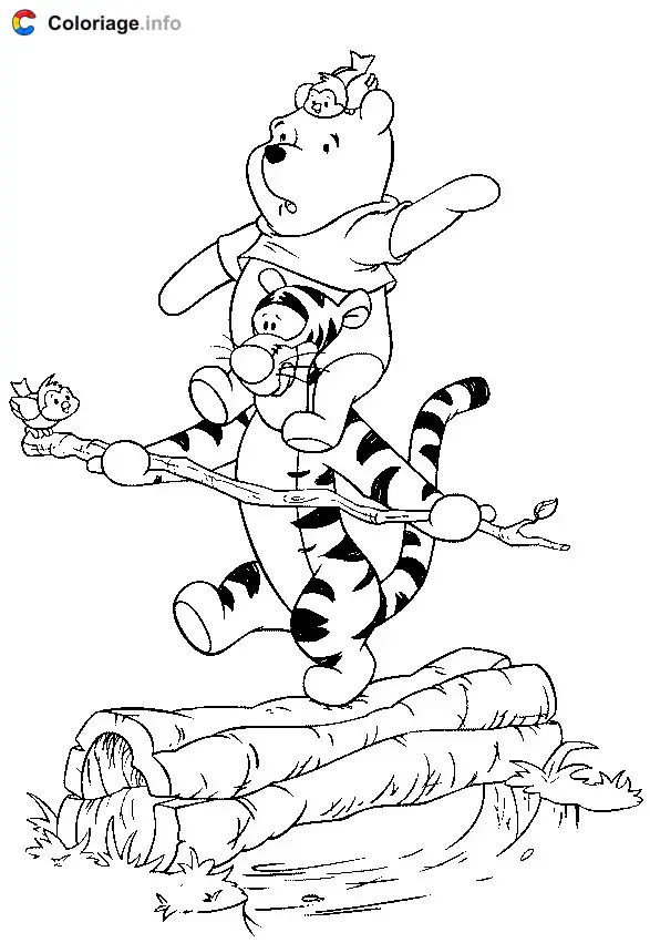 Winnie Balancing on Tigger's Shoulders coloring page to print