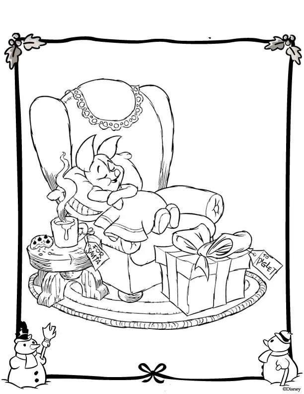 Coloriage Winnie l'Ourson dans le décor hivernal - Noël Disney à imprimer