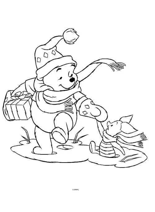Coloriage Ourson Winnie fêtant Noël avec ses amis - Noël Disney à imprimer