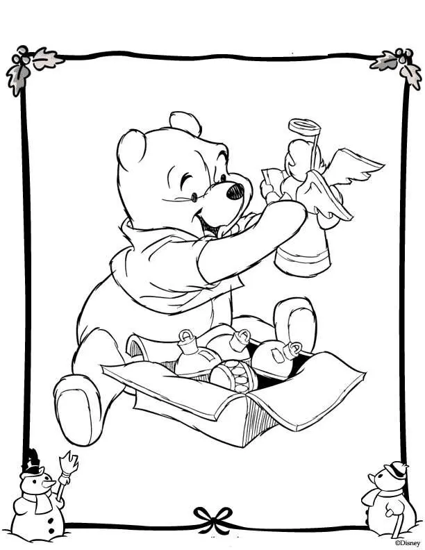 Coloriage Ourson Winnie en décor hivernal magique - Noël Disney à imprimer