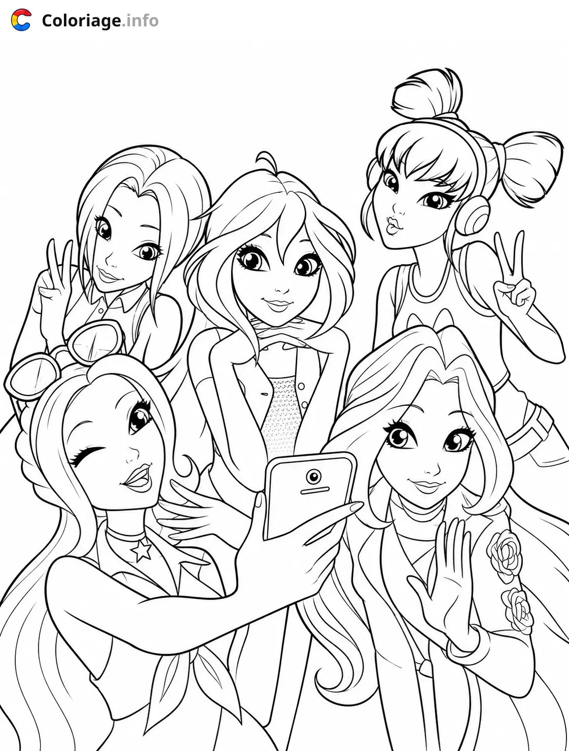 Coloriage Winx Club Cinq filles prenant un selfie - Winx à imprimer