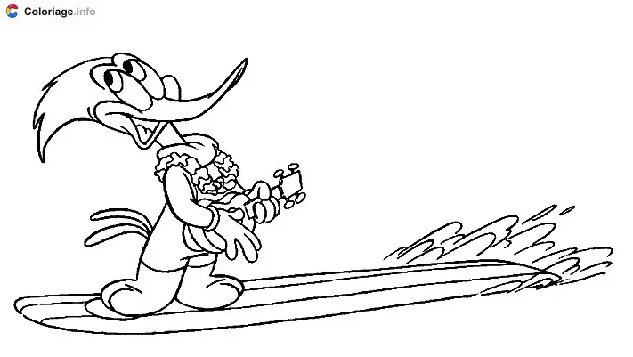 Coloriage Woody avec une guitare sur une planche de surf - Woody Woodpecker à imprimer