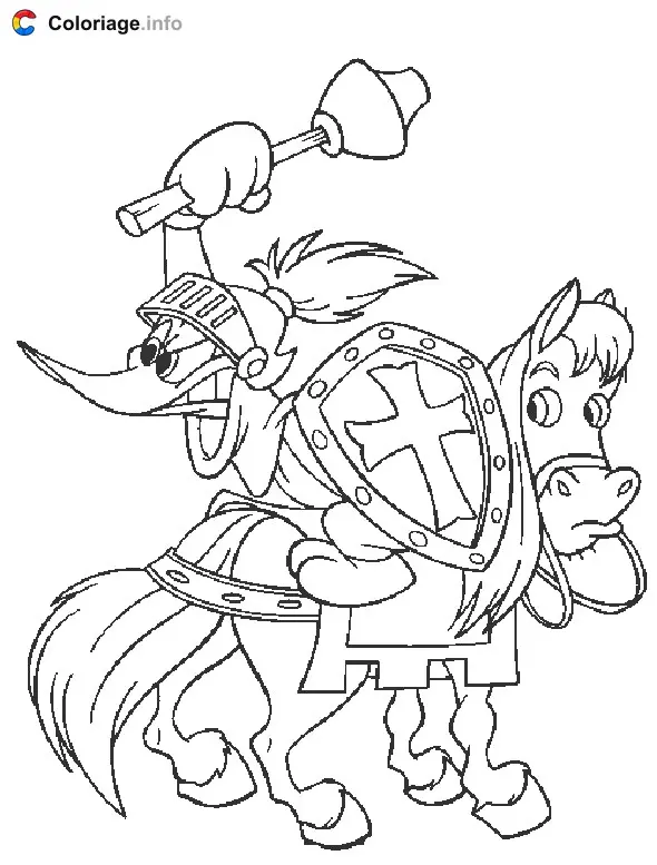 Coloriage Woody Woodpecker en chevalier sur un cheval - Woody Woodpecker à imprimer