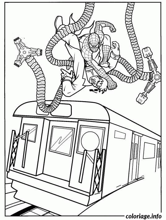 Coloriage Bataille Entre Docteur Octopus Et Spider-man Sur Un Train Dessin à Imprimer
