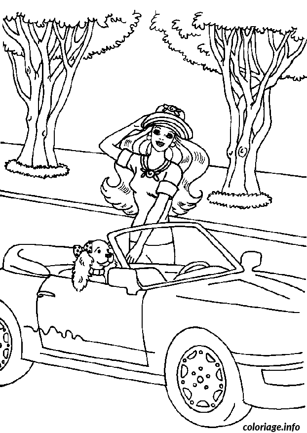 Dessin Barbie en voiture avec son chien Coloriage Gratuit à Imprimer
