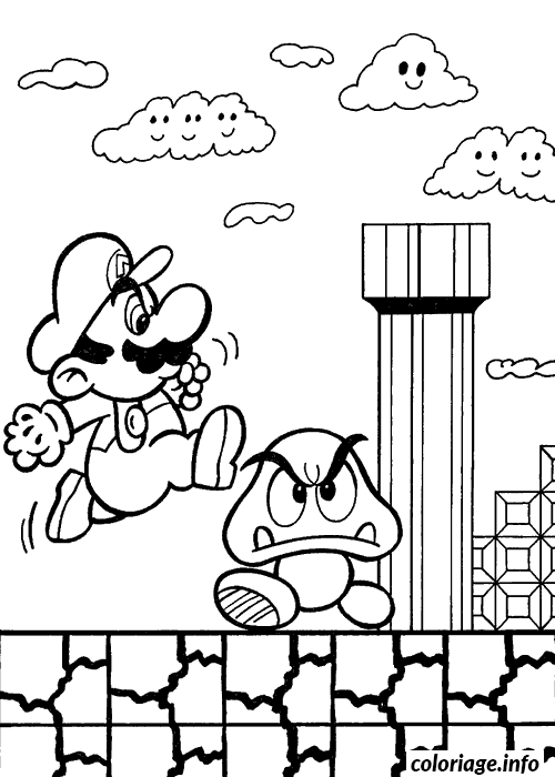 Dessin Mario saute sur un champignon Coloriage Gratuit à Imprimer